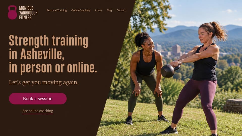 Personal trainer website design, outdoor kettlebell training above a mountain town: dark brown panel with a diagonal edge, a large tan condensed headline, a plum booking button and an online coaching link, a coach watching a woman swing a kettlebell on a grassy hill above a town and blue mountains