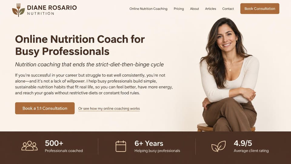 Coaching website design, online nutrition coaching with results below: cream page, a brown serif headline, a coach seated on a stool and a brown band of figures below