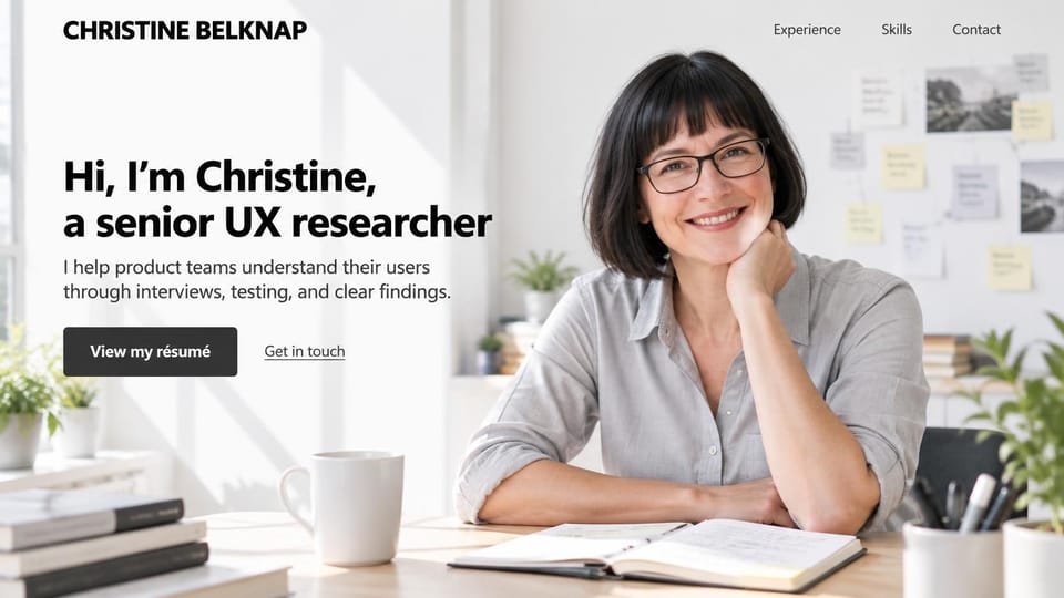 Resume website design, uX researcher with a bright full-width photo: bright full-width photo of a smiling woman in glasses at a desk with books, a black headline and a dark resume button