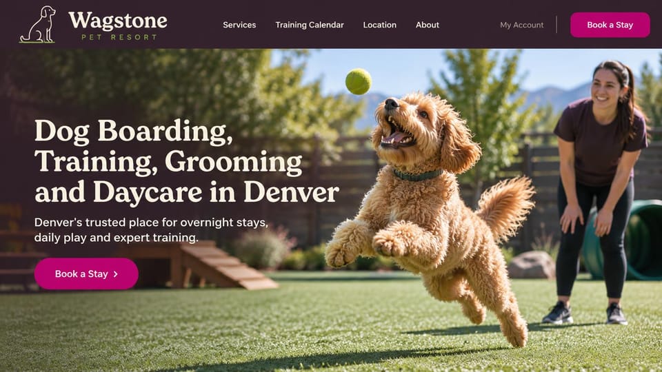 Pet business website design, dog resort with boarding, training and daycare: dark plum header, a cream serif headline over a photo of a curly dog jumping for a ball with a staff member, magenta buttons