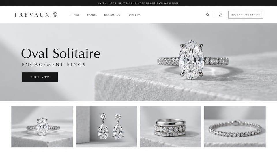 Jewelry website design, diamond engagement rings in soft gray: black top bar, white header with a spaced black wordmark and diamond mark, gray banner of an oval diamond ring on stone, black shop button, four photos of a ring, drop earrings, bands and a tennis bracelet