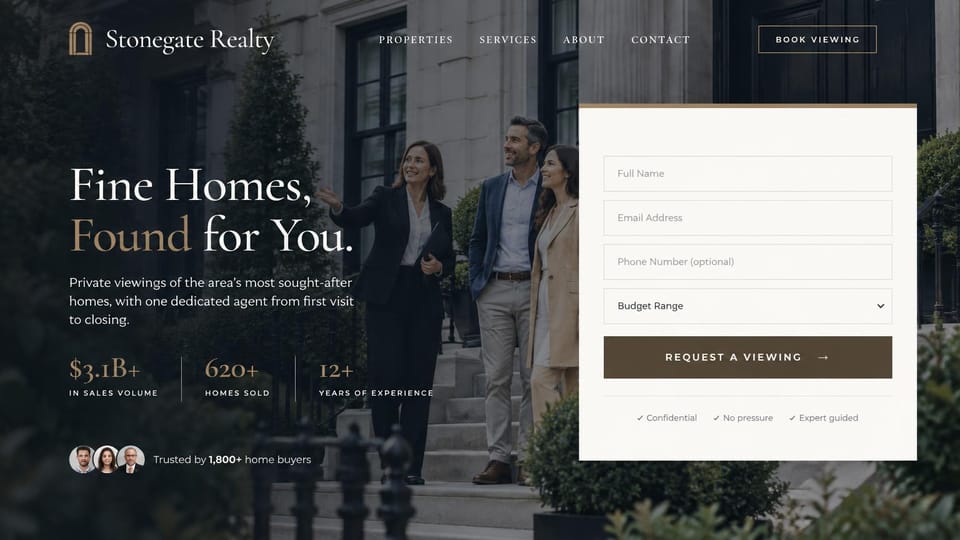 Real estate website design, private showings with the request form first: an agent showing a couple a townhouse at dusk, a serif headline, three figures and a cream form