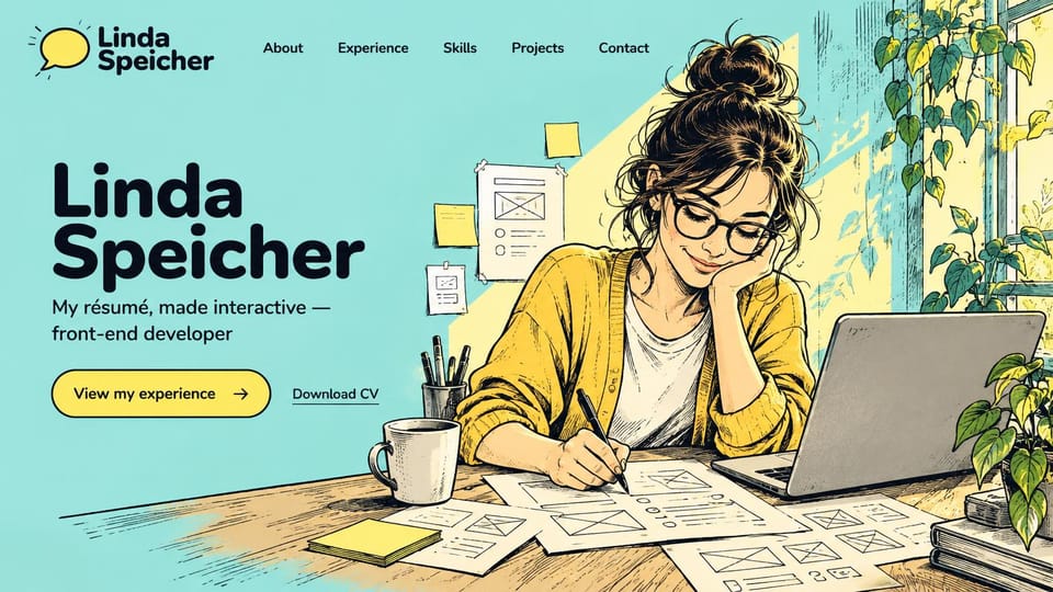 Resume website design, front-end developer, hand-drawn in turquoise and yellow: turquoise page with a pale yellow light beam, a large black name, a yellow view experience button and an ink drawing of a woman in glasses sketching wireframes beside a laptop