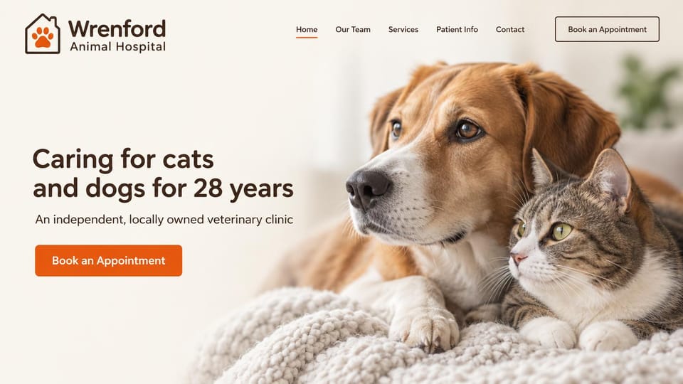 Veterinary website design, independent clinic with a dog and cat together: cream page, a large dark headline, an orange appointment button, a photo of a dog and a tabby cat on a knit blanket