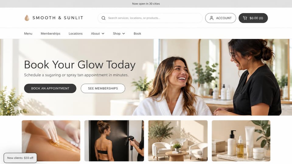 Salon website design, sugaring and spray tan with service photos: white and warm beige, a smiling client in a robe with an esthetician, four service photos below