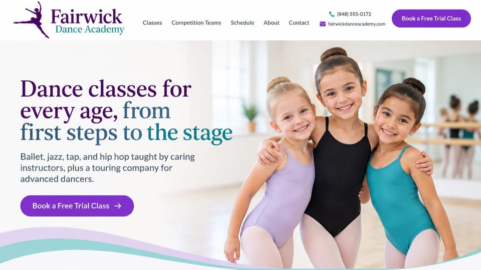 Dance studio website design, kids academy with a touring company: white page, a plum and teal serif headline, three smiling girls in lilac, black and teal leotards, a purple trial button and a teal wave