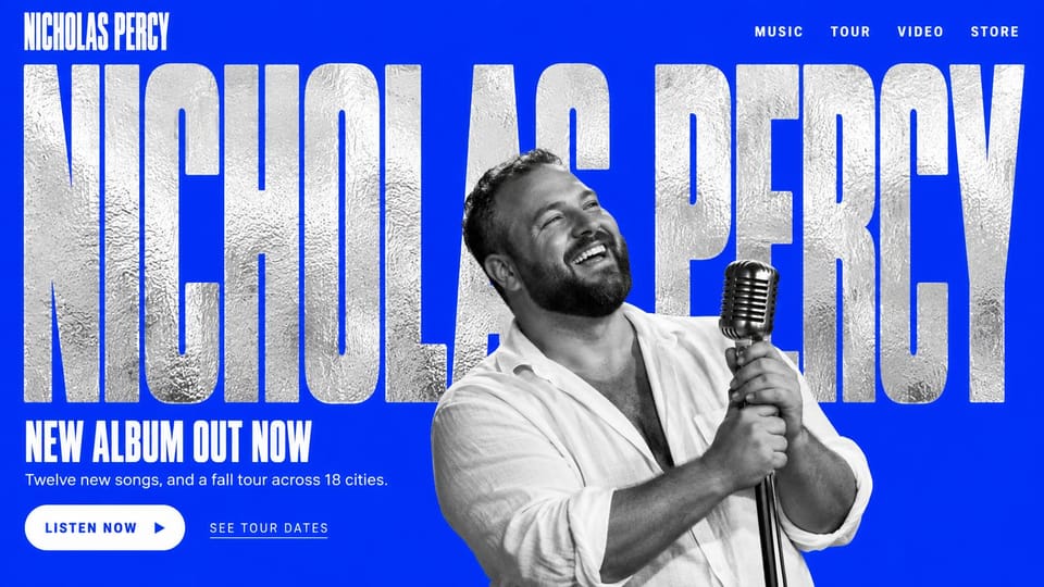 Musician website design, pop singer in electric blue: vivid blue background, a huge silver-textured name and a black and white singer with a vintage microphone