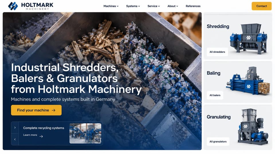 Manufacturing website design, recycling machinery with product cards: white page, a large photo of shredded wood and plastic in a hopper with a white headline and a yellow button, three pale cards with blue machines