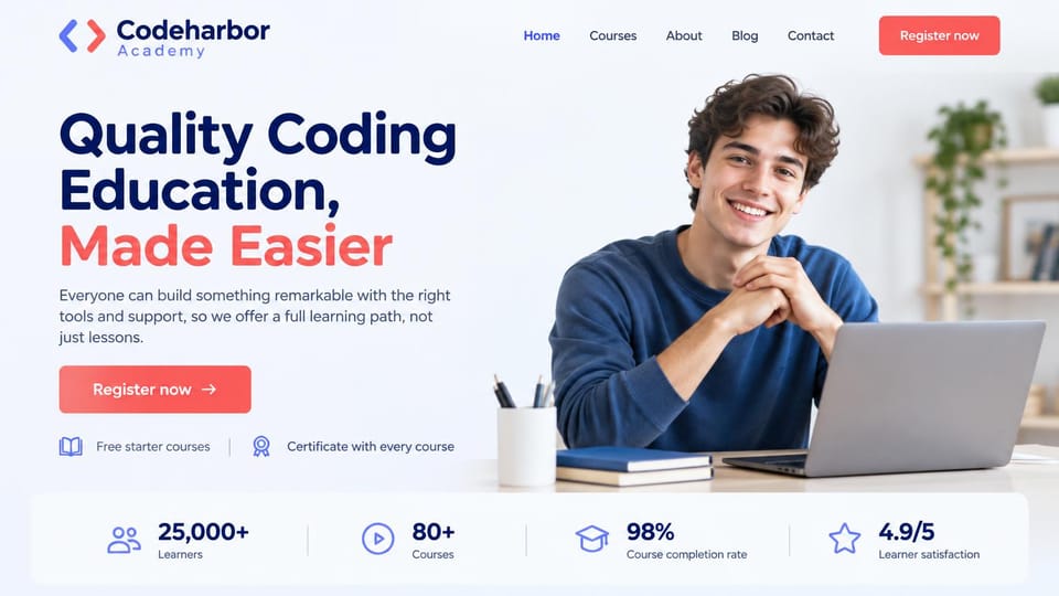 School website design, online coding academy with stats under the hero: pale blue-white page, a navy and coral headline, a smiling young man at a laptop, a white stats bar with blue icons