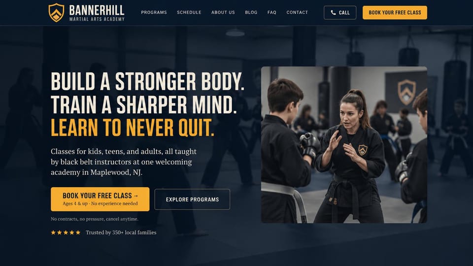 Martial arts website design, family martial arts academy in navy and gold: navy page with gold accents, a condensed three-line headline, a framed photo of an instructor coaching kids in black gis and gloves
