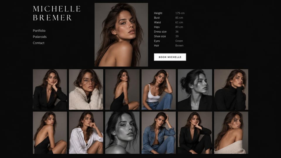 Model portfolio website design, fashion model with a grid of polaroids: black page, a spaced serif name, a portrait beside a measurements list, a white booking button and two rows of studio photos