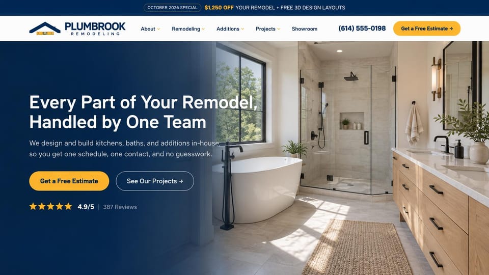 Remodeling website design, kitchens, baths and additions with a monthly offer: a navy offer bar, a white header, a navy gradient over a bright bathroom, a white headline, a yellow estimate button and a star rating