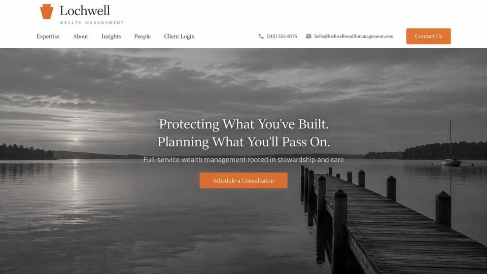 Financial advisor website design, wealth management in black and white: black and white lake with an empty dock and a sailboat, centered white serif headline, orange button and orange keystone logo