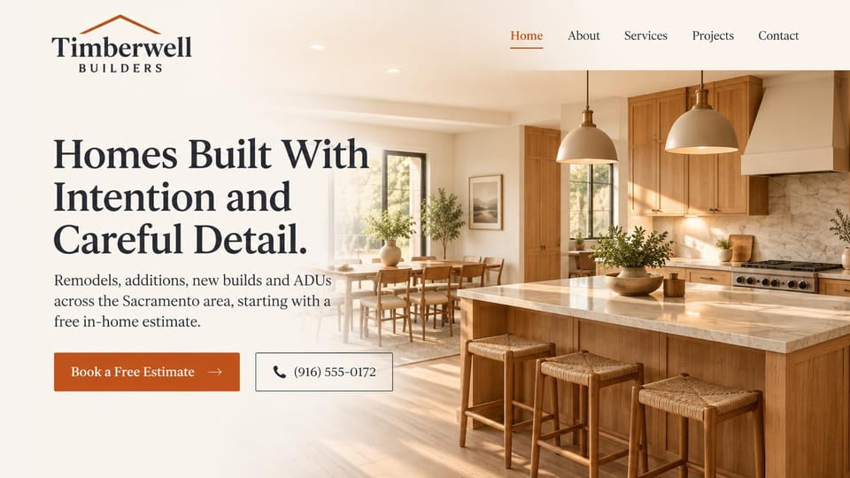 Remodeling website design, remodels, additions and ADUs in warm oak: warm cream page, a large dark serif headline over a sunlit oak kitchen, a rust estimate button and an outlined phone button