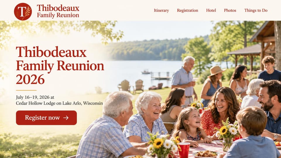 Event website design, lakeside family reunion with a register button: cream bar, red serif headline, red register button, three generations laughing at a picnic table by a lake