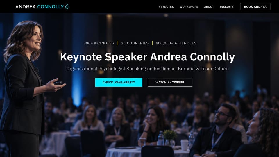 Speaker website design, resilience and burnout keynote over a full room: dark conference hall with a woman speaking on a blue-lit stage, white centered sans headline, a stats line, cyan button and an outlined one