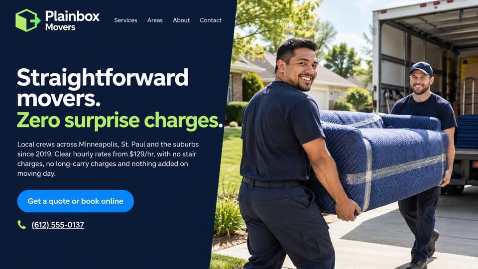 Moving company website design, local movers who list the fees they don't charge: dark navy panel with a white and green headline, a bright blue button and a phone link, two smiling movers carrying a padded mattress from a truck on a sunny driveway