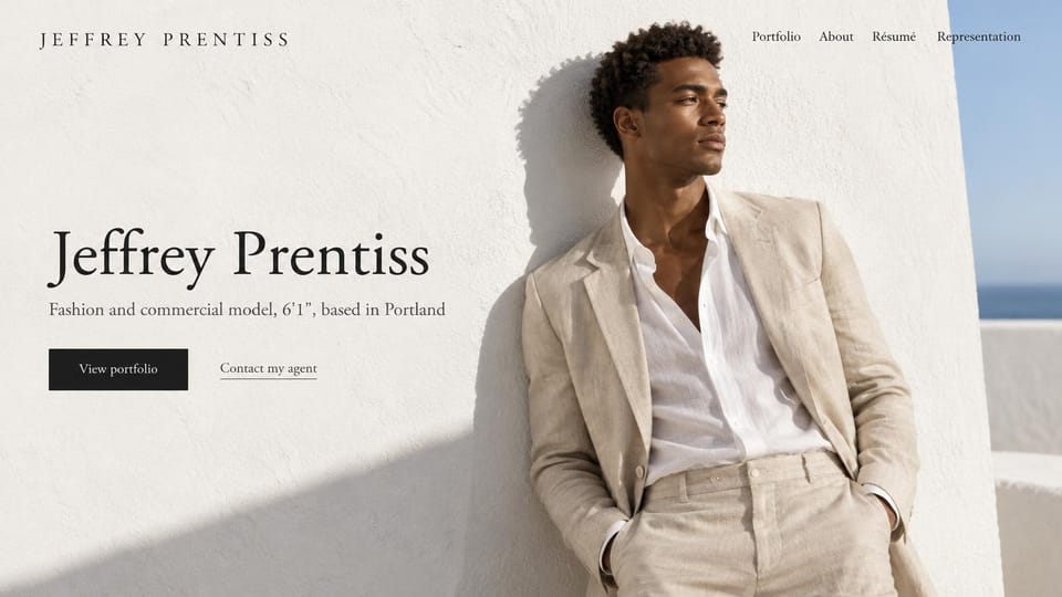 Model portfolio website design, male model in linen with an agent contact link: sunlit white wall and sea, a curly-haired man in a cream linen suit, a dark serif name, a black portfolio button and an underlined agent link