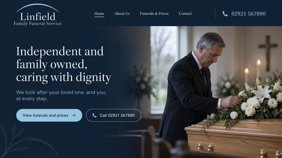 Funeral home website design, independent funeral director with prices up front: deep navy page, a white serif headline, a pale blue prices button and an outlined call button beside a funeral director arranging white flowers on an oak coffin