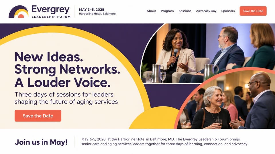 Event website design, senior care leaders' forum in plum and sunshine yellow: cream panel inside yellow and plum arcs, large plum headline, coral save-the-date button, curved photos of a panel talk and guests chatting