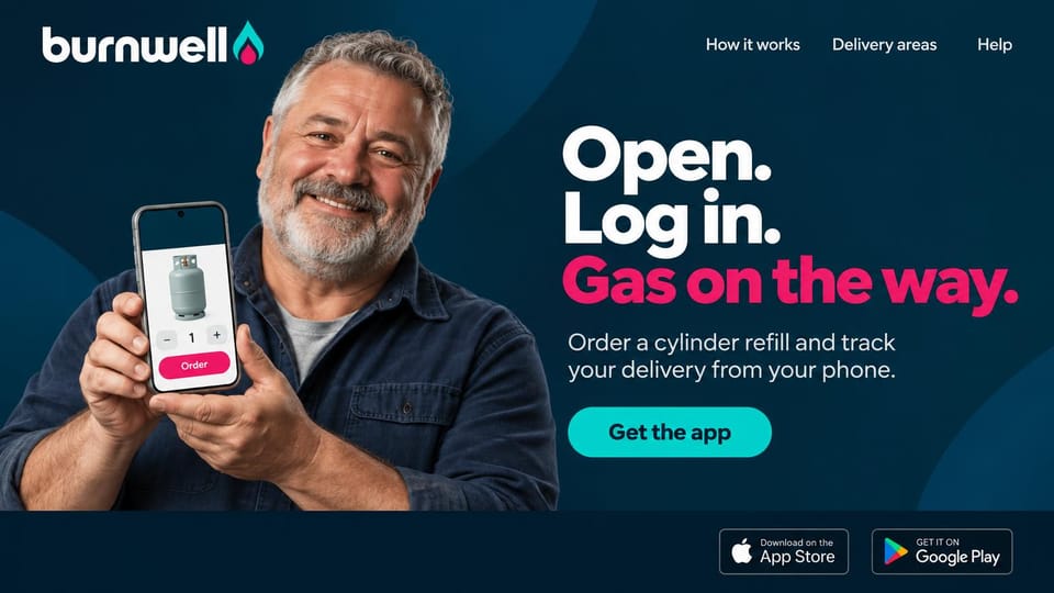 Mobile app website design, delivery app with a customer holding the phone: dark teal, a smiling man holding a phone, white and pink headline and a green button