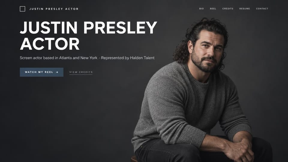 Actor website design, screen actor in charcoal with an oversized name: charcoal page, huge white capitals with the actor's name, a slate reel button and a seated bearded man with long hair in a gray sweater