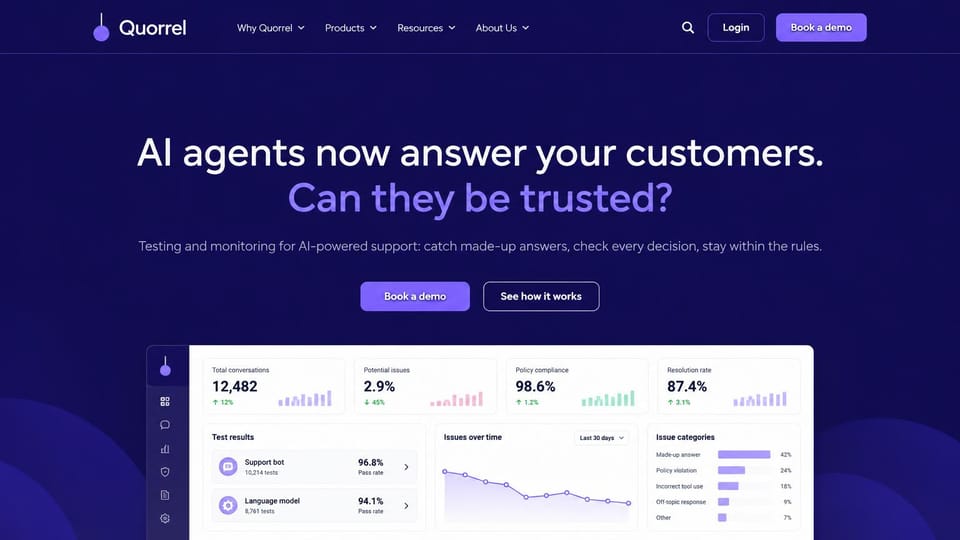 AI startup website design, support agent testing with a dashboard below: deep navy page, a white and violet headline, a violet demo button and a white testing dashboard with pass rates and charts