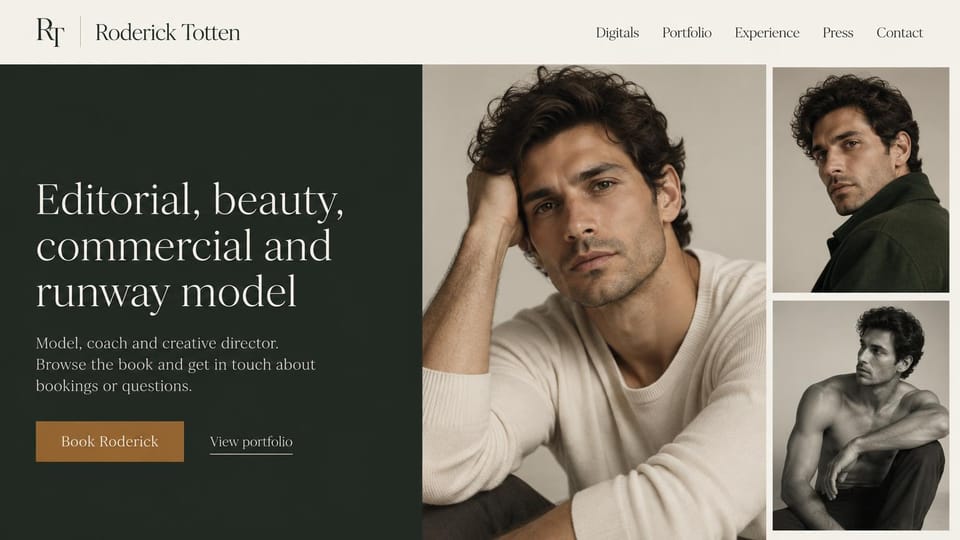 Model portfolio website design, male model and coach with a dark green panel: cream header with a monogram, a dark green panel with a cream serif headline and a brown booking button, a large portrait of a curly-haired man in a cream sweater and two smaller photos