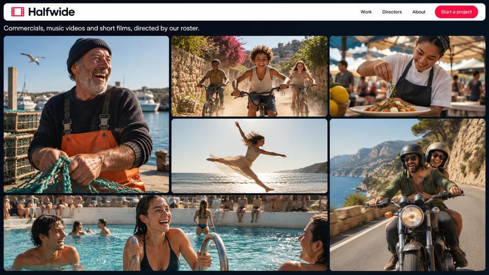 Videographer website design, commercials and music videos in a photo collage: dark navy page, white rounded nav bar with a red film logo, a collage of sunny stills: a fisherman, kids on bikes, a chef, a dancer, swimmers, a motorbike