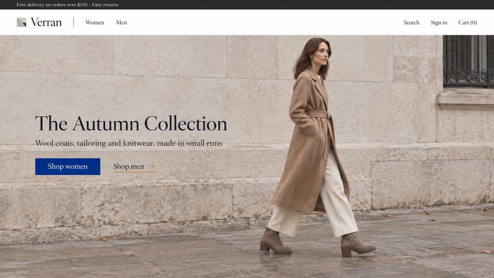 Fashion website design, autumn coats with a woman walking past stone: white header with a folded-square logo, a woman in a camel belted coat and cream trousers walking past a pale limestone wall, a black serif headline and a royal blue button