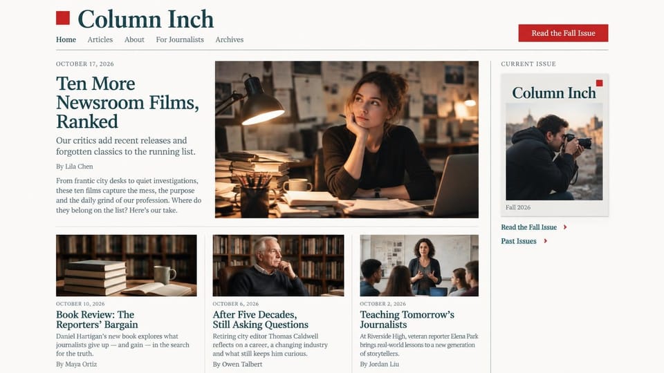 News and magazine website design, journalism magazine with the current issue in a sidebar: off-white page, a red square logo, deep teal serif headlines, a woman thinking at a lamplit desk, a magazine cover in the sidebar and a red issue button