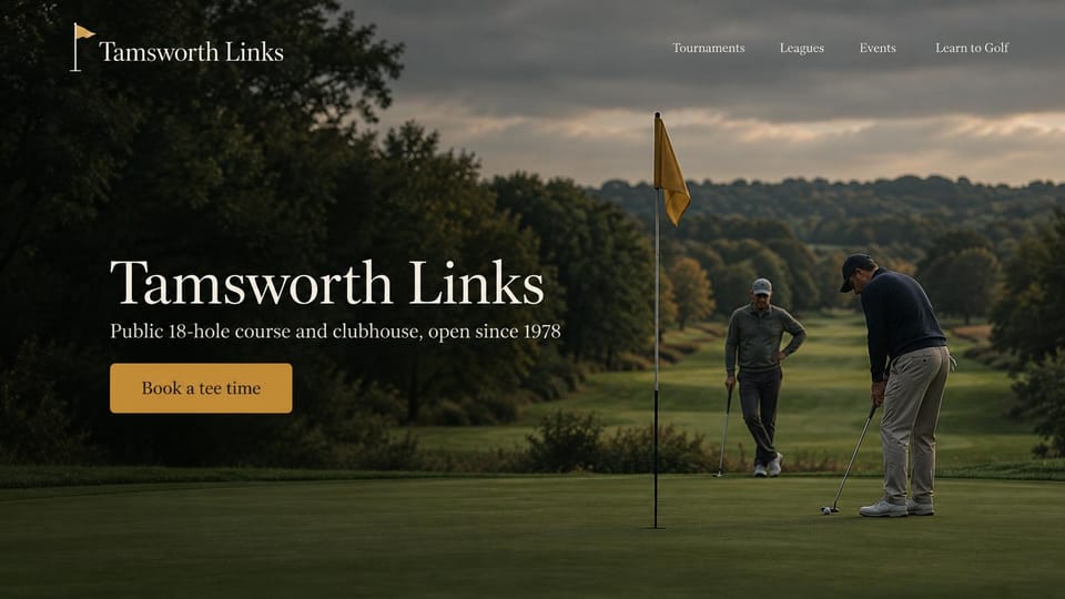 Sports team website design, public golf course with leagues and lessons: dark photo of two golfers putting under an overcast sky by a yellow flag, a large white serif name and a gold button