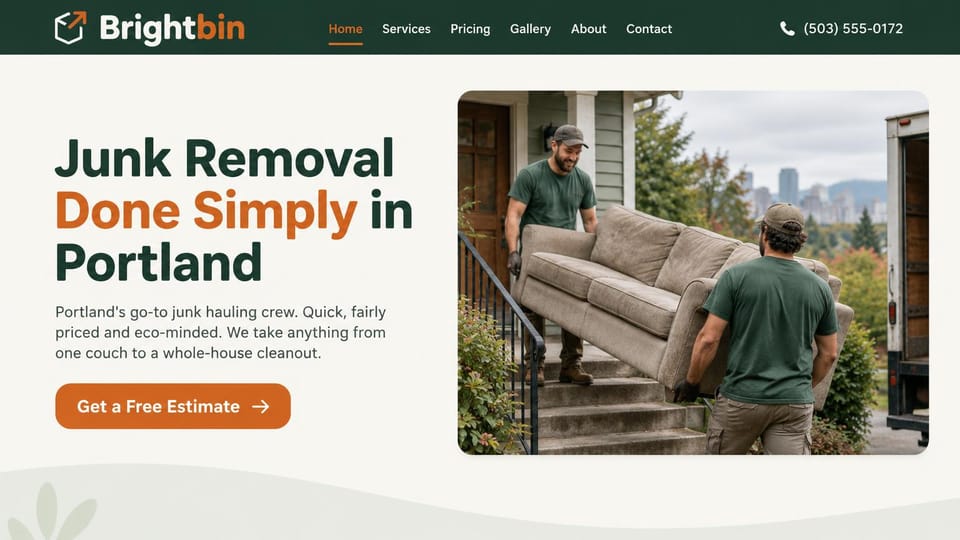 Junk removal website design, eco-minded junk removal in cream and orange: dark green menu bar, cream page, a dark green and orange headline, an orange estimate button, a rounded photo of two crew members carrying a couch down porch steps