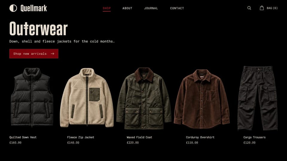 Fashion website design, men's outerwear as product cutouts on black: black page with a cream condensed headline, monospace type and a red button over five product cutouts of a vest, a fleece, a field coat, an overshirt and cargo trousers with prices