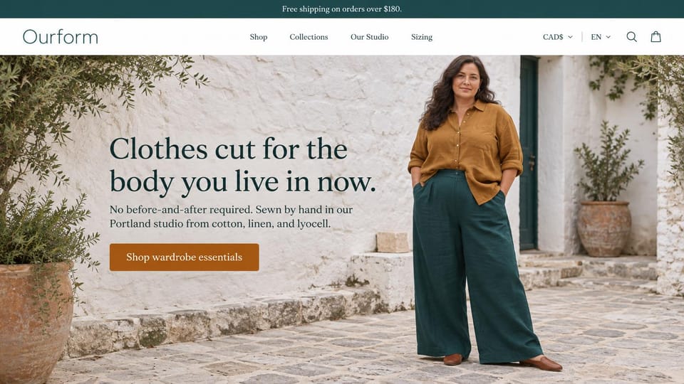 Fashion website design, size-inclusive basics in a whitewashed courtyard: teal top bar, a whitewashed courtyard with olive trees and a curvy woman in a mustard linen shirt and teal wide trousers, a dark serif headline and a rust button