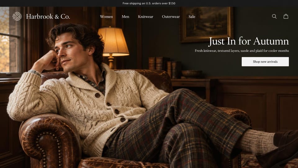 Landing page website design, autumn menswear in a wood-paneled study: wood-paneled study, a man in a cream cable cardigan and plaid trousers in a leather armchair, white serif headline at right