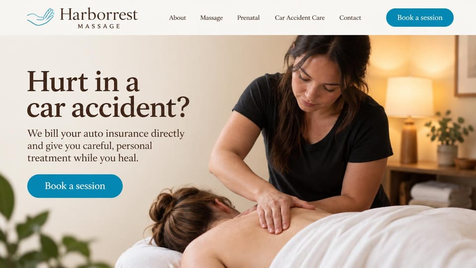 Massage therapist website design, car accident massage with insurance billing: cream header, a dark brown serif headline, a blue booking button and a warm photo of a therapist working a client's upper back