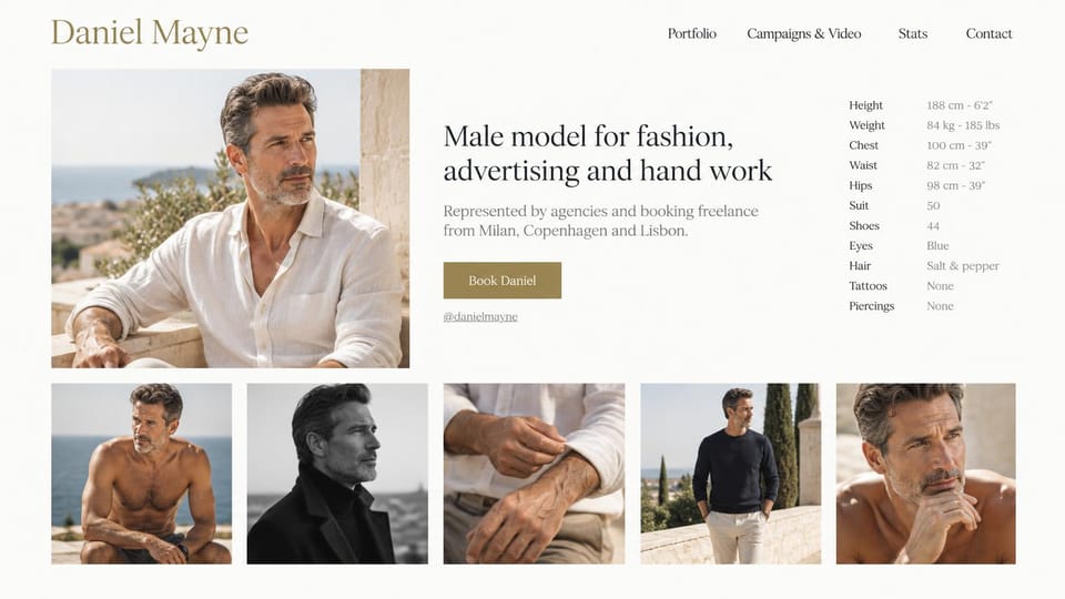 Model portfolio website design, male model for fashion and hand work: warm white page, an olive serif name, an olive booking button, a silver-haired man in a linen shirt on a terrace and five photos below