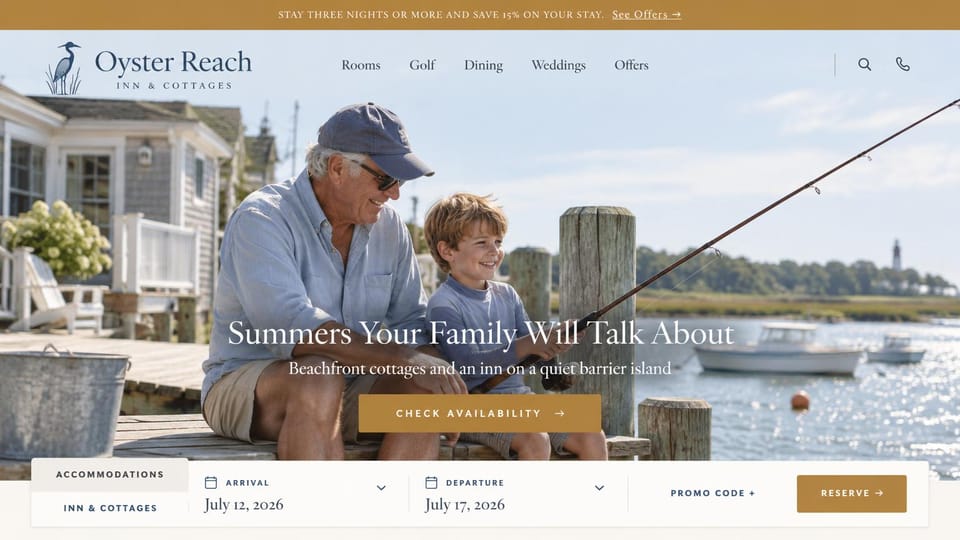 Hotel website design, family inn and cottages on an island: a grandfather and boy fishing off a dock, a gold offer bar on top and a booking bar along the bottom