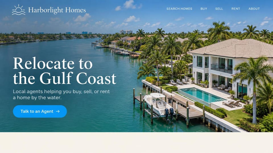 Real estate website design, relocation to the coast: a white house on a canal with a pool and boat, a large navy serif headline and a bright blue button