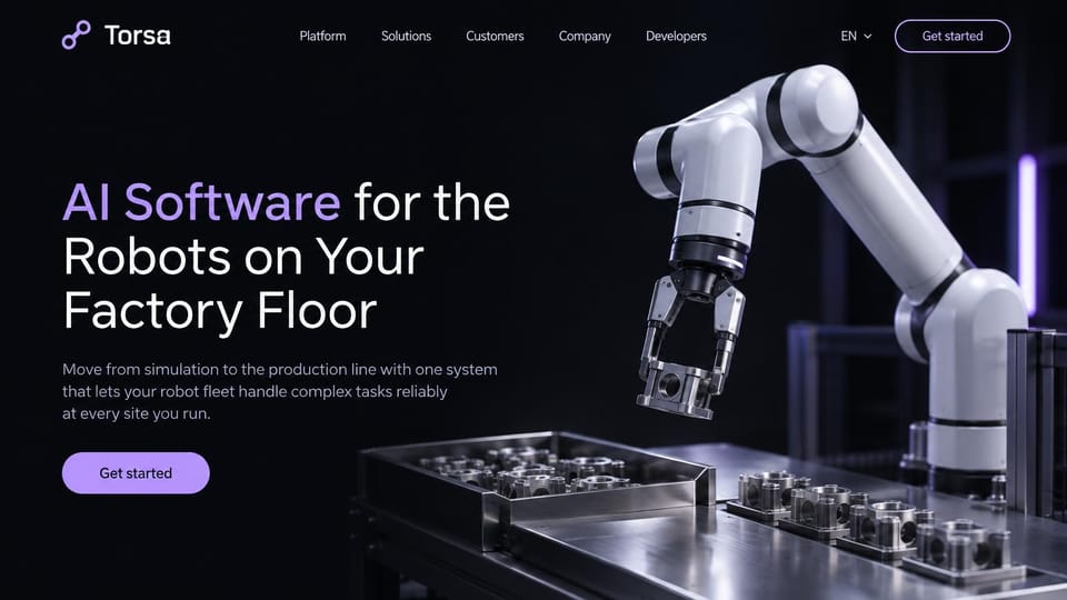 AI startup website design, robotics AI with a robot arm at work: black page, white and lavender headline, a lavender get started button and a white robot arm lifting a metal part from a tray