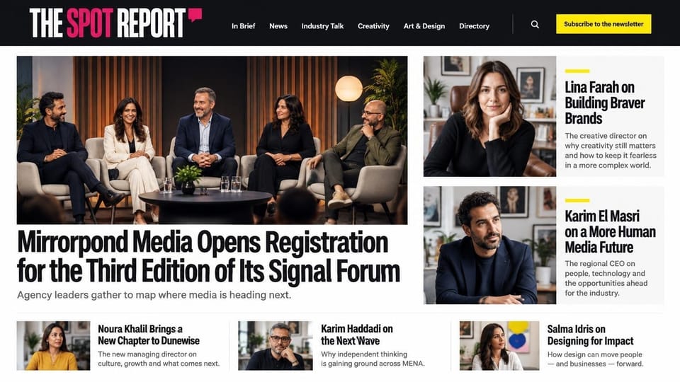 News and magazine website design, advertising and media trade news in heavy condensed type: black header with a condensed white and pink wordmark and a yellow newsletter button, a stage panel of five speakers, huge black condensed headlines and portrait cards