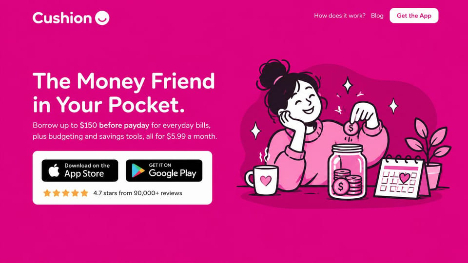 Mobile app website design, money app with a cheerful illustration: hot pink page, white headline, store badges in a white card and an illustration of a woman saving