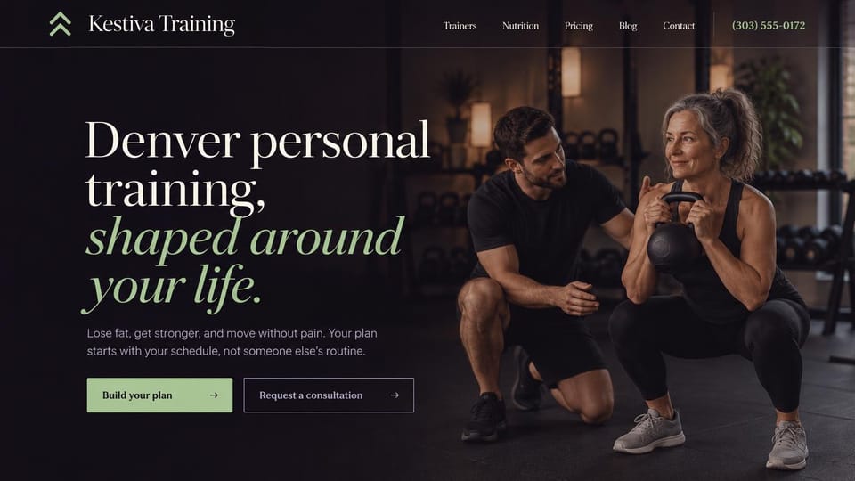 Personal trainer website design, personal training around your life in serif and sage: near-black page, a large cream serif headline ending in sage italics, a sage plan button and an outlined consultation button, a trainer kneeling beside an older woman's kettlebell squat in a warm gym