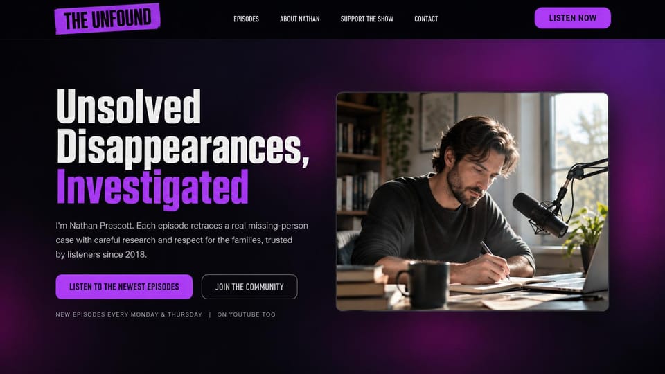 Podcast website design, true crime with the host at work: black and deep purple, a bold white and violet headline and a host writing beside a microphone