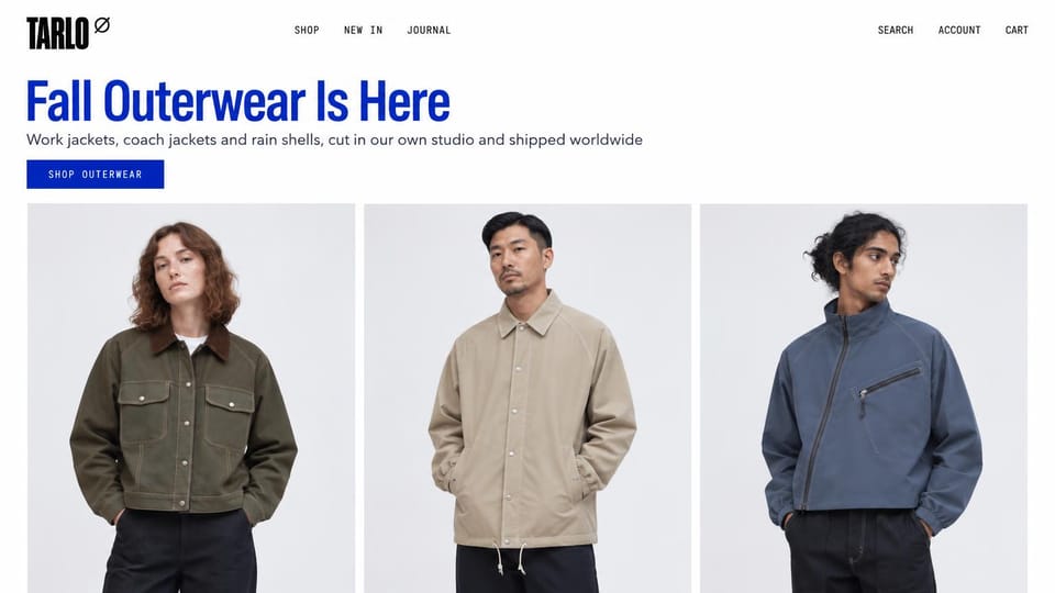 Fashion website design, work jackets and rain shells in a three-photo row: white page, a bold blue condensed headline and a blue button over three studio photos of models in an olive work jacket, a beige coach jacket and a blue rain shell