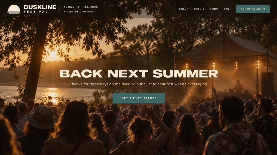 Coming soon website design, festival comeback with ticket alerts: warm sunset photo of a riverside festival crowd under trees, bold white headline and a teal ticket alerts button