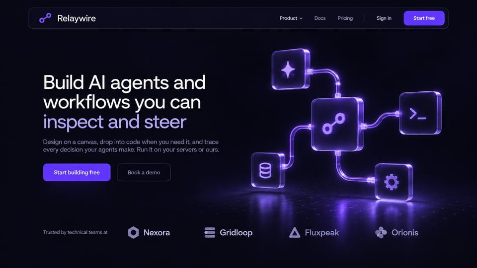 SaaS website design, aI agent builder with a glowing diagram: dark purple page, white headline, a purple button and glowing glass blocks linked as a workflow