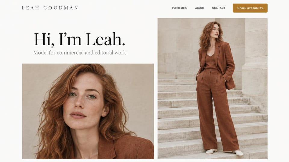 Model portfolio website design, commercial and editorial model with a first-name hello: off-white page, a large black serif headline, a gold availability button, a close-up of a red-haired woman and a full-length photo of her in a rust linen suit on stone steps