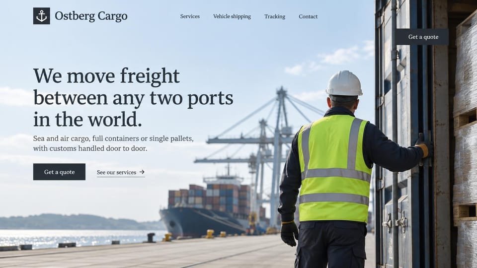 Logistics website design, ocean forwarding with a quiet serif headline: pale page, large dark serif headline, a dock worker in a hard hat and safety vest opening a container door with a ship and cranes behind, black button